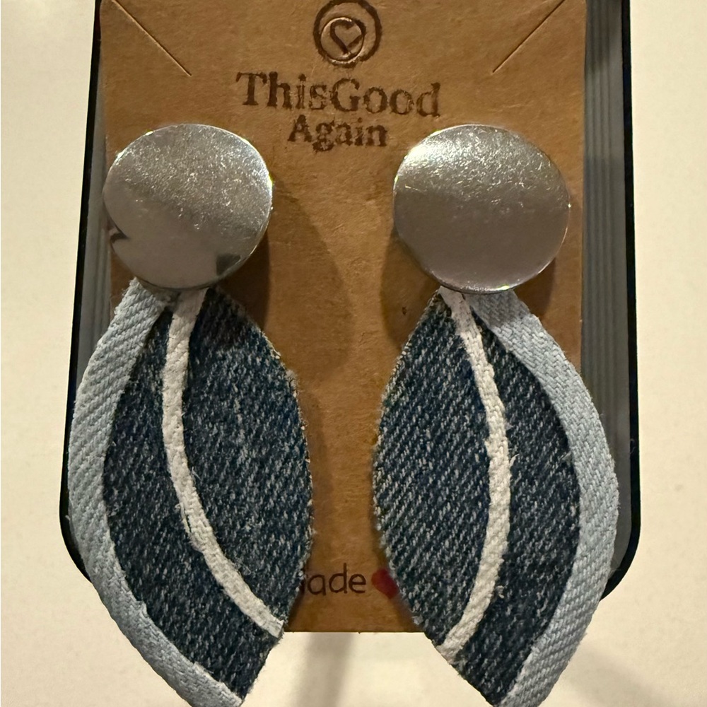 Upcycled Denim Leaf Drop Earrings Two-Tone Navy & Light Blue Statement